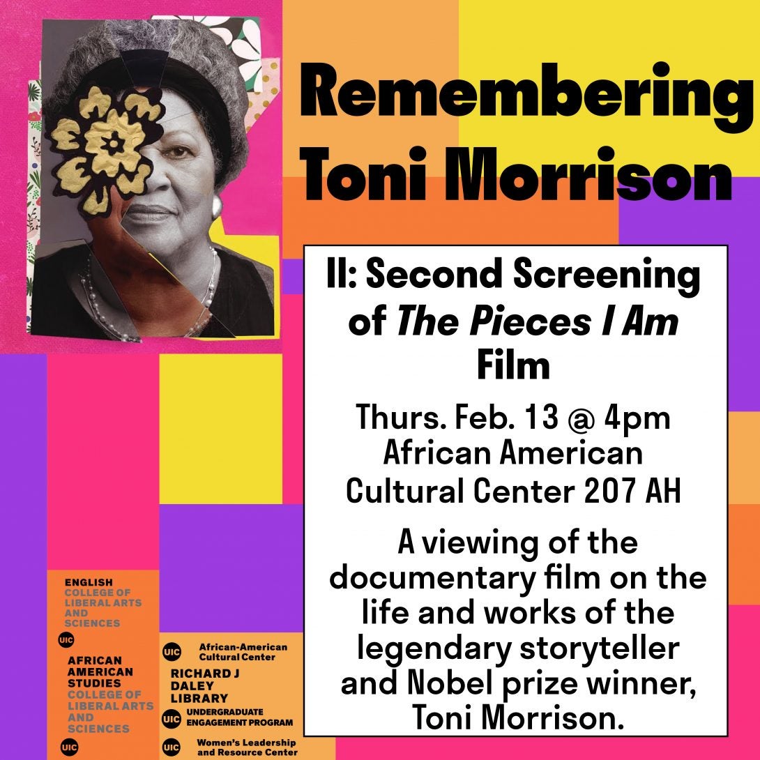 Pink, purple, yellow and orange square background with a picture of Toni Morrison in the left hand corner.